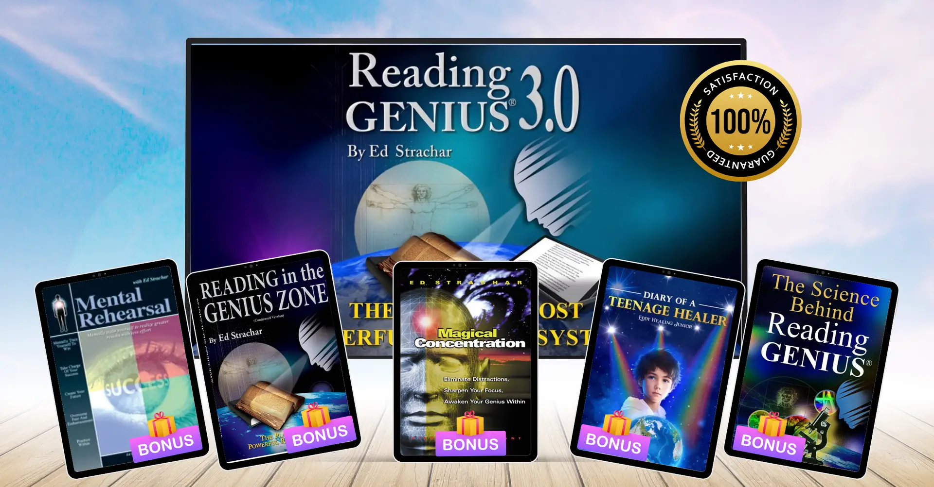 Reading Genius 3.0 system shown across laptop, tablet and books
